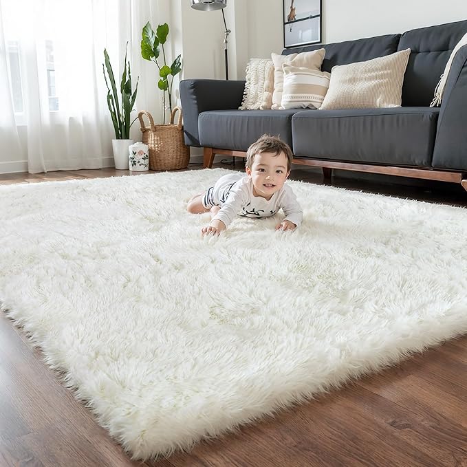 KICHOWUA Thick Area Rug 5x8 Cream White Fluffy Shag for Bedroom, Washable Fuzzy Rug for Living Room, Modern Soft Shaggy Furry Plush Thickened Carpet for Kids Boys Girls Dorm Room Nursery, Ivory