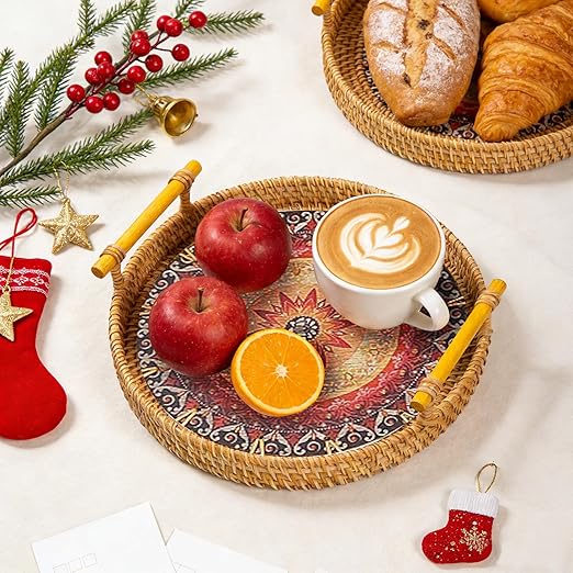 28cm/11.02in Oval Rattan Woven Tray Basket with Handles, Hand Woven Round Rattan Serving Decorative Wicker Trays for Table Decor (L)