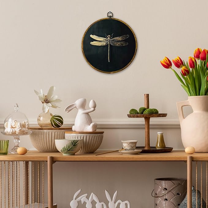 Mcehtle Moody Dragonfly Wall Art Decor, Vintage Dark Academia Insect Framed Canvas Prints 10x10, Cottagecore Minimalist Round Wall Hanging Artwork Decorations for Gallery Bedroom Living Room