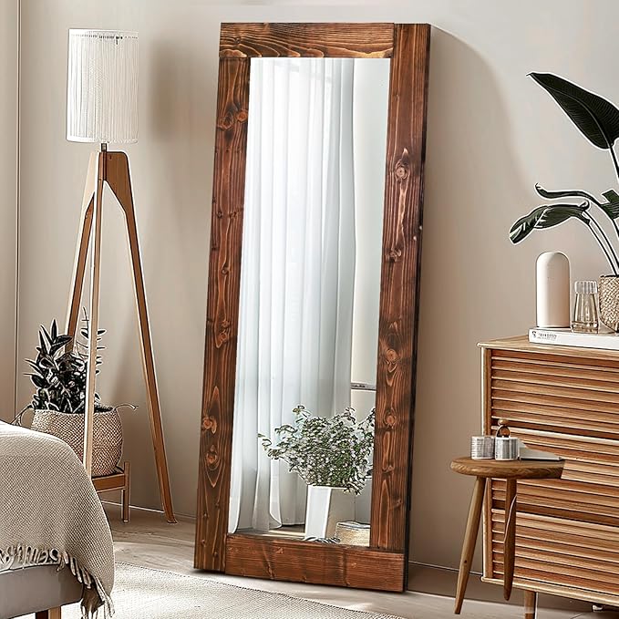 Full Length Mirror 58"x24" – Solid Wood Frame, HD Tempered Glass, Wall Mounted & Leaning, Rustic Modern Decor for Bedroom, Living Room, Entryway, Brown