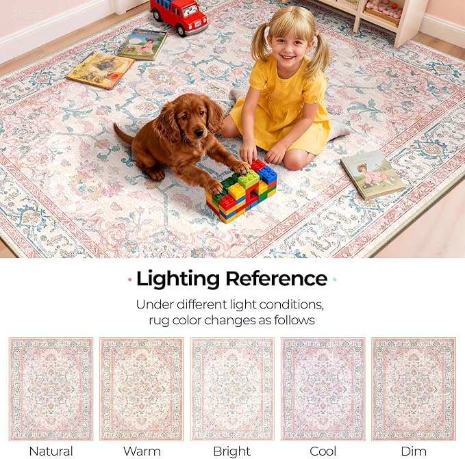 CAPALOCA Machine Washable Rugs Nursery Rug 4x6 Cute Girl Non Slip Low Pile Water Repellent Soft Print Pattern for Bedroom Indoor Decor Kids Playroom Pink Teal