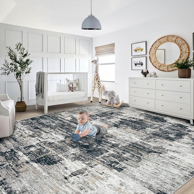 XLUEZ 9x12 Area Rug for Living Room, Washable Modern Abstract Large Area Rug Neutral Soft Non Slip Kids Rug Stain Resistant Indoor Carpet for Bedroom Dining Room Playroom Office(BlackGrey, 9'x12')