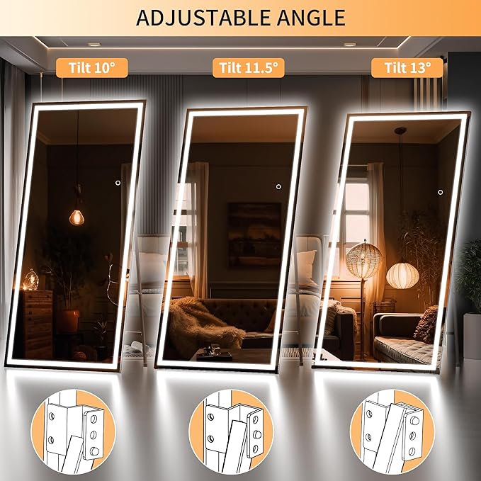 Hasipu Full Length Mirror with Lights, 79" x 36" LED Lighted Floor Standing, Full Body Dressing Hanging Mounted Mirror, Tempered Glass, Square Black