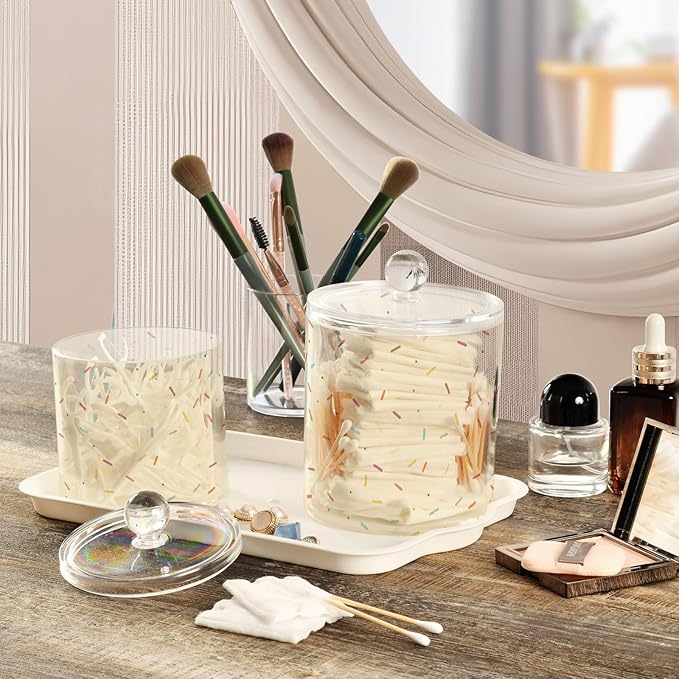 A Simplepastel Illustration Of Small Sprinkles Scattered Clear Plastic Makeup Organizer Storage with lid Dresser Essentials Decorative Dental floss storage jar for Cotton Swabs,Cotton