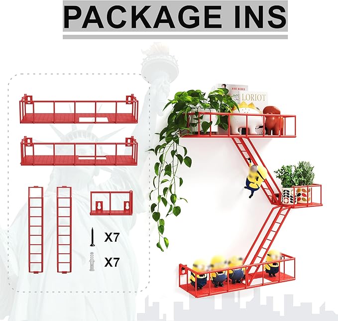 Fire Escape Shelf - 3 Tier Metal Red Fire Escape Wall Shelves with Baskets, New York Action Figurine Display Shelf, Unique Rustic Floating Decorative Wall Shelves for Any Room