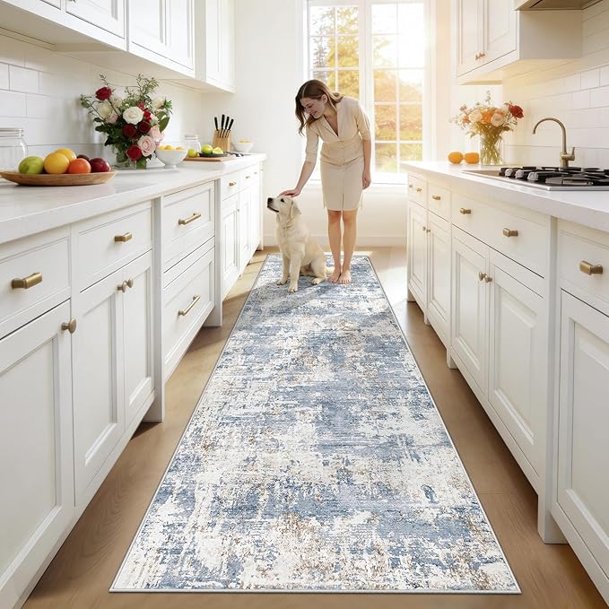 XLUEZ 2.6x8 Runner Rug for Hallway, Washable Modern Abstract Runner Rugs Neutral Soft Non Slip Kids Rug Stain Resistant Indoor Runners for Entryway Bedroom Kitchen Laundry Room(Blue, 2'6''x8')