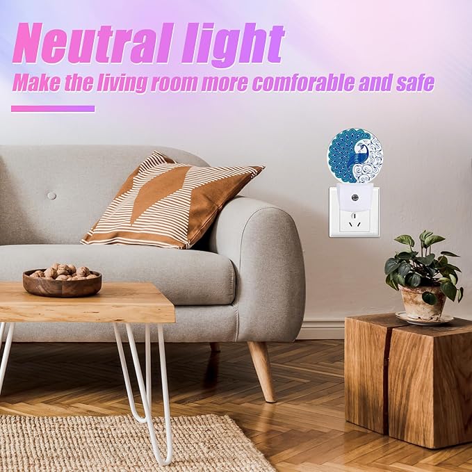 Blue Peacock Night Light Vintage Feathers Night Lights LED Lamp Round Plug into Wall Nightlight with Dusk to Dawn Sensor Home Hallway Stairway Kitchen Decor