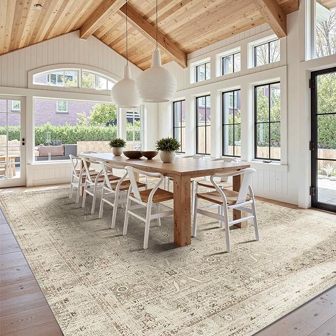 Rugxara 10x14 Area Rugs for Living Room Bedroom, Large Washable Rug, Beige Vintage Floral Boho Rug, Non Slip & Low Pile Faux Wool Carpet for Indoor Dining Room and Kids Room(Beige 10x14ft)