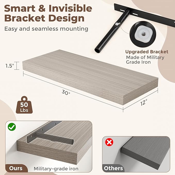 Fun Memories 30 Inch Grey Floating Shelves for Wall, 12 Inch Deep Shelves for Bathroom|Kitchen|Bedroom, Wall Mounted Rustic Wood Floating Shelf with Invisible Brackets for Books|Storage|Decor, 2 Pack
