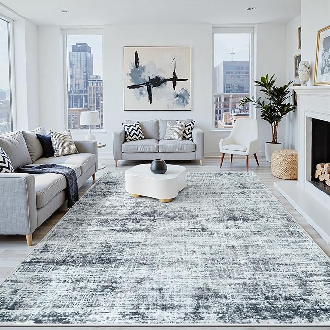 8x10 Area Rugs Washable Rug:Anti-Skid Abstract Modern Living Room Rug Soft Thin Carpets Indoor Floor Non-Shedding Carpet for Bedroom Dining Farmhouse Nursery Home Office(Black/Grey/White, 8x10)