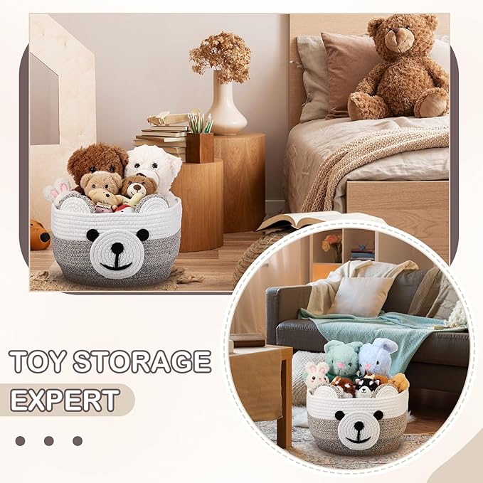 Zopeal Easter Bear Basket 13" D x 9.5" H for Nursery Cotton Rope Woven Bear Gift Empty Storage Basket with Handles Animal Hamper for Baby Shower Laundry Bathroom Home Decorative