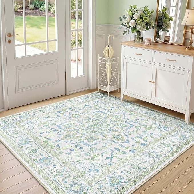 CAPALOCA Machine Washable Rugs Nursery Rug Sq4ft Cute Girl Non Slip Low Pile Water Repellent Soft Print Pattern for Bedroom Indoor Decor Kids Playroom Green Blue
