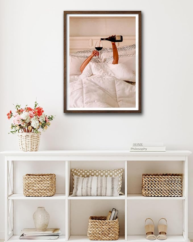 EcoHest Woman Drinking Wine in Bed Framed Wall Art Walnut Color, 12x16 in OAK Wood Feminist Alcohol Canvas Art, Trendy Teen Girl Bar Cart Print College Room Decor Set of 1 For Bedroom Living Room