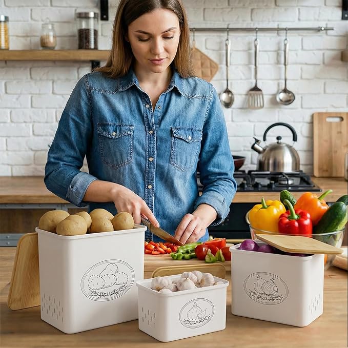 Lifewit Potato and Onion Storage Bin, Stackable Garlic Keeper with Aerating Holes and Lid, Plastic Vegetable Container Box for Pantry Countertop, White, 24 x 18 x 24 cm/9.5 x 7 x 9.5 inch, Set of 3