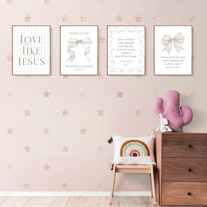 LARTSFRO Coquette Beige Bow Jesus Wall Art Decor Posters, Beige Bow Christian Room Bedroom Bathroom Wall Art Decor Aesthetic for Teen Girls Gifts, Inspirational Bible Verses Bow Wall Decor, 12x16 Inch Set of 4 Bow Pictures (UNFRAMED)
