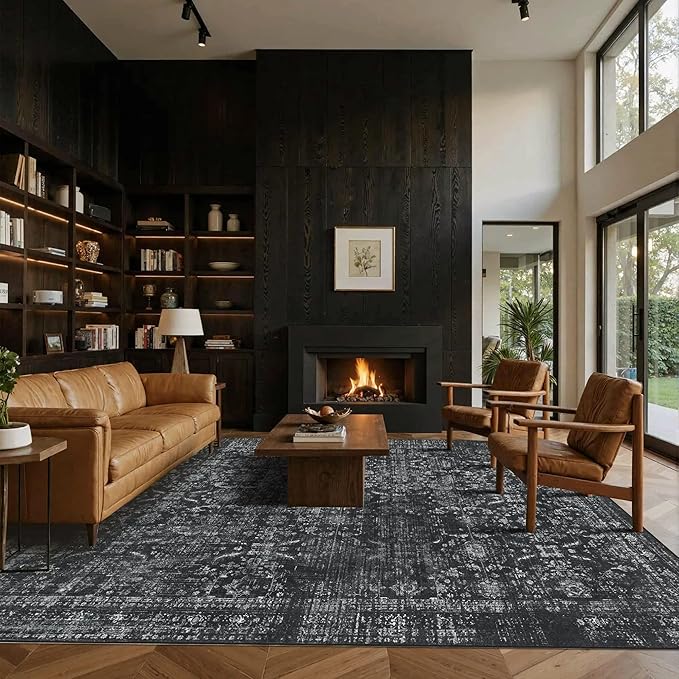 Rugxara 8x10 Area Rugs for Living Room Bedroom, Large Washable Rug, Black Vintage Floral Boho Rug, Non Slip & Low Pile Faux Wool Thin Carpet for Indoor Dining Room and Kids Room(Black 8x10ft)