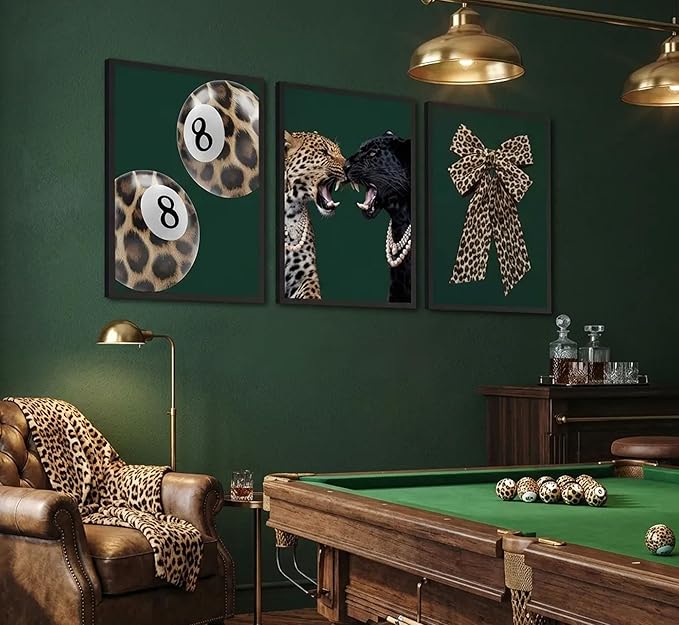 3Pcs Trendy Leopard Canvas Wall Art Funky Lucky 8 Ball Posters Prints Paintings Cheetah Bows Preppy Aesthetic Pictures Wall Decor for Bedroom Dorm Living Bathroom Decoration Unframed