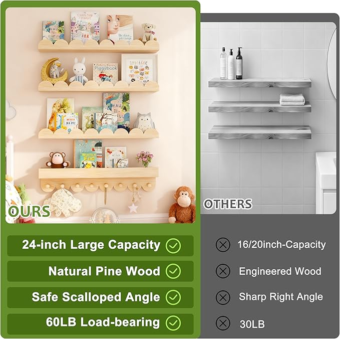 24 Inch Floating Shelves for Wall, 4-Pack Nursery Book Shelves with Hooks, Scalloped Shelves, Wall Book Shelves for Kids Room, Baby Room, Bedroom, Nursery Decor