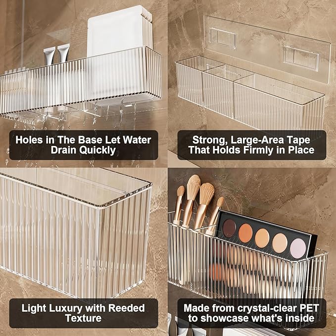 2-Pack Acrylic Wall-Mounted Make up Organizer Shelves with 3 Compartments, Adhesive Bathroom Organizer Storage,Shower Caddy Cabinet Door Organizer for Makeup and Skincare