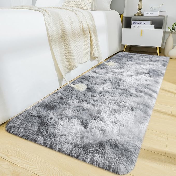 BENRON Soft Runner Rugs for Bedroom 2x6, Washable Long Runners for Hallway Entryway Kitchen Dorm, Fluffy Throw Rug for Kids Girls Room Decor Photo Prop, Tie-dye Grey