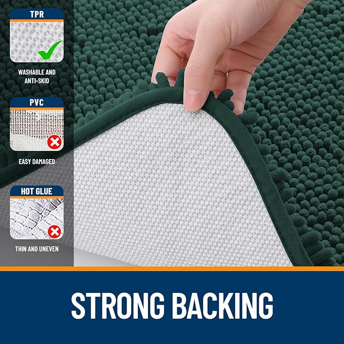 OLANLY Bathroom Runner Rugs 47x20, Soft Absorbent Chenille Bath Rugs, Rubber Backing Quick Dry, Machine Washable Long Bath Mats for Bathroom, Tub and Shower, Home Decor Accessories, Blackish Green