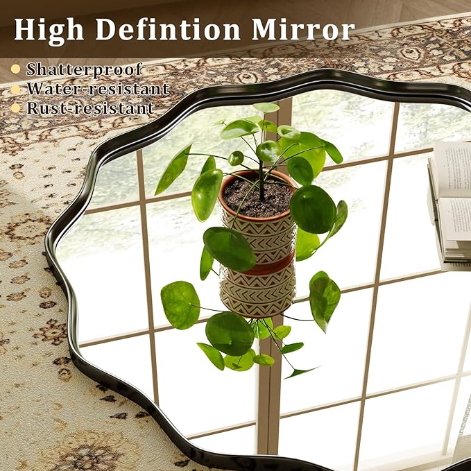 20 Inch Scalloped Round Wall Mirror, Black Wavy Edge Frame Circle Mirror for Bathroom, Bedroom, Entryway, Living Room for Wall Decor