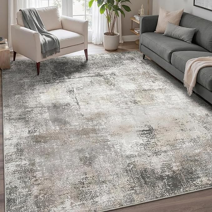 GENIMO 8x10 Area Rugs for Living Room, Machine Washable Non Slip Rugs, Low Pile Lightweight Modern Distressed Print Rug for Bedroom, Dining Room, Home Office, Abstract Grey