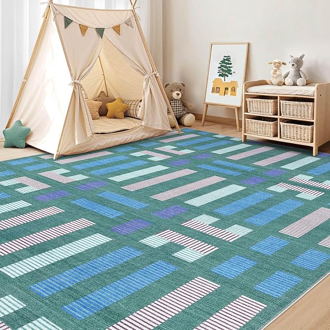 cotiled 9x12 Area Rug Living Room: Washable Boho Rugs with Non Slip Backing Large Soft Indoor Stain Resistant Carpet for Bedroom Farmhouse Dining Room Lightweight Home Decor Green