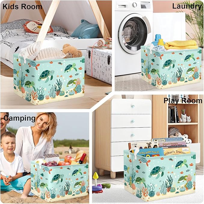 Sea Animals Laundry Hamper Ocean Fish Coral Large Storage Basket Parents Organizer Kids Clothes Toy Bins for Bedroom, Bathroom, Green Turtles, 36L