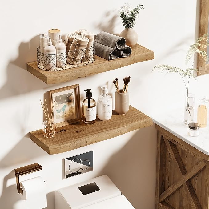 Vivelove Live Edge Floating Shelves for Wall Solid Elm Wood, Rustic Farmhouse Wall Shelf with Invisible Bracket for Living Room Bedroom Bathroom Office Book, 40 Inches - Set of 2 - Natural