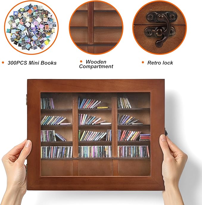 Anxiety Mini Bookshelf Mini Books with 300PCS Mini Bookshelf Shake Away Your Anxiety Wooden Miniature Book Library for Stress Relief, Home and Office Decor, Unique Gift for Book Lovers-Brown