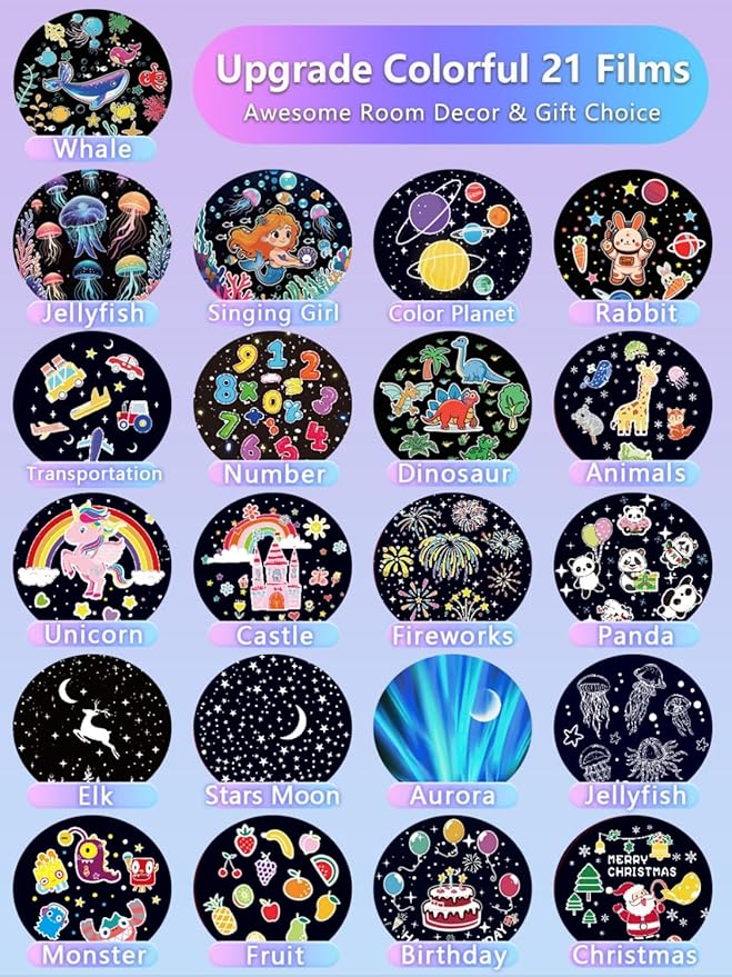 21 Sets of Films, Projector Night Light for Kids Bedroom, Baby Projector for Ceiling, Star Galaxy Night Lights with 360° Rotation Dimmable for Kids Baby Girls, Birthday, Christmas, Nursery, Room Decor
