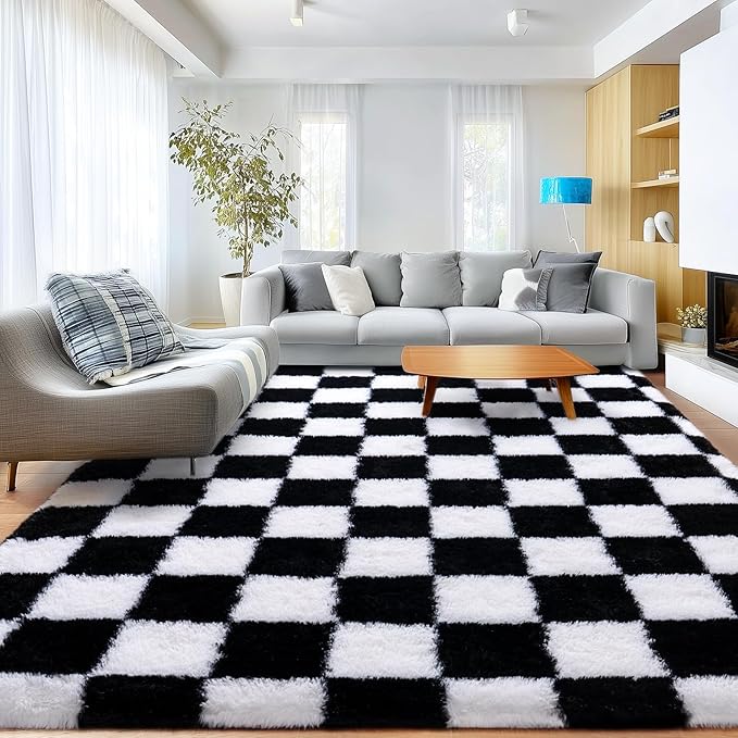 Checkered Rugs for Living Room 6x9, Ultra Soft Fluffy Rug for Bedroom, Modern Shaggy Carpets Rug for Girls Boys Room Home Indoor Nursery Teens Dorm Decor, Upgrade Non-Slip Durable, Black and White
