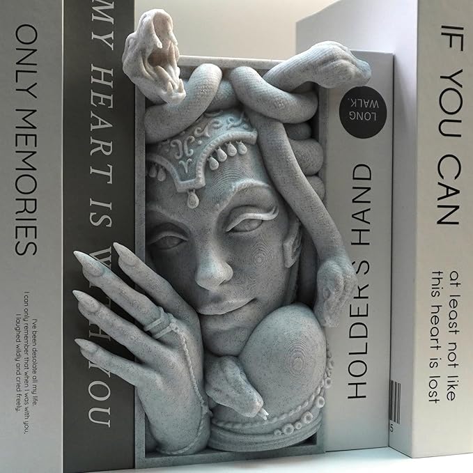 Medusa 3D Printed Decorative Bookend Lightweight Durable Book Shelf Accessories for Friends Stylish Bookend Ideal Home Decor Essential for Book Lovers (Grey Medusa)