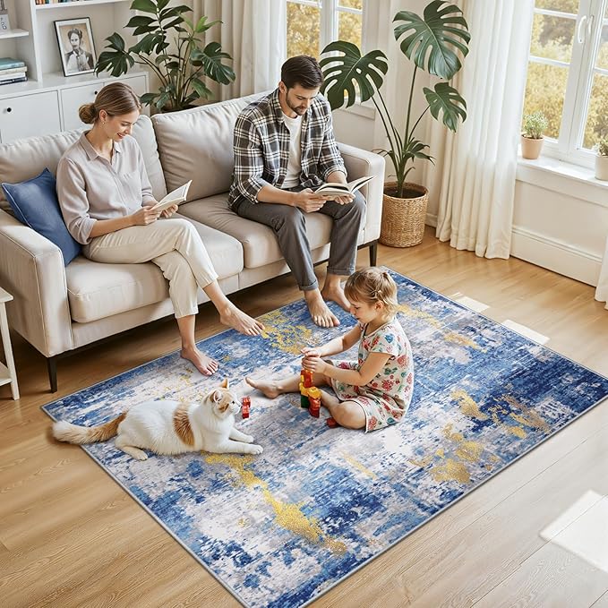 RELEANY Washable Area Rugs 4'x6' Non-Slip Modern Abstract Soft for Living Room Entryway Bedroom Nursery, Print Pattern, Grey Blue Gold/Golden