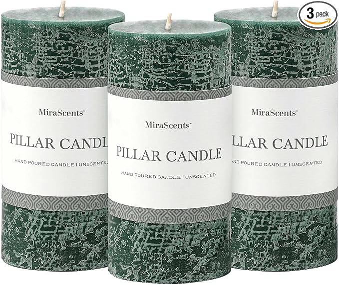 3x6 Inch Dark Green Pillar Candles Set of 3 - Hand-Poured Unscented Candles, Long Clean Burning, Dusty Sage Candle, Smokeless Dripless Candle for Dinner Table, Wedding, Home, Rustic Decor
