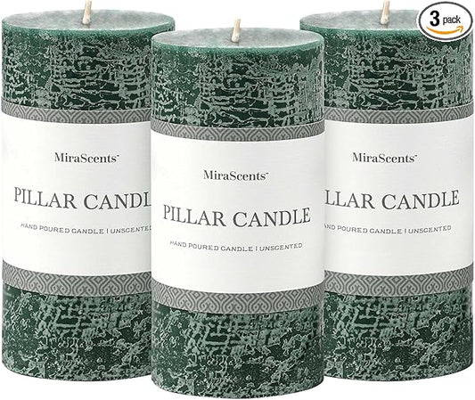 3x6 Inch Dark Green Pillar Candles Set of 3 - Hand-Poured Unscented Candles, Long Clean Burning, Dusty Sage Candle, Smokeless Dripless Candle for Dinner Table, Wedding, Home, Rustic Decor