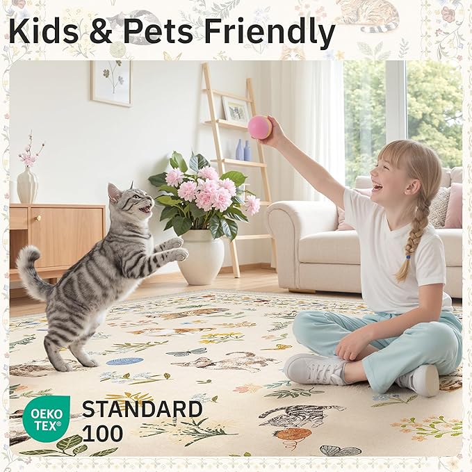 Soalmost Cat 5x7 Area Rugs for Living Room, Machine Washable Animal Floral Vintage Rug Non-Slip Low Pile Soft Throw Rugs for Kitchen Dining Room Bedroom Nursery Playroom (5 x 7,Beige)