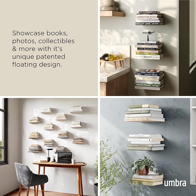 Umbra Conceal, Sturdy Metal Floating Bookshelf for Wall, Silver, Small, Set of 3