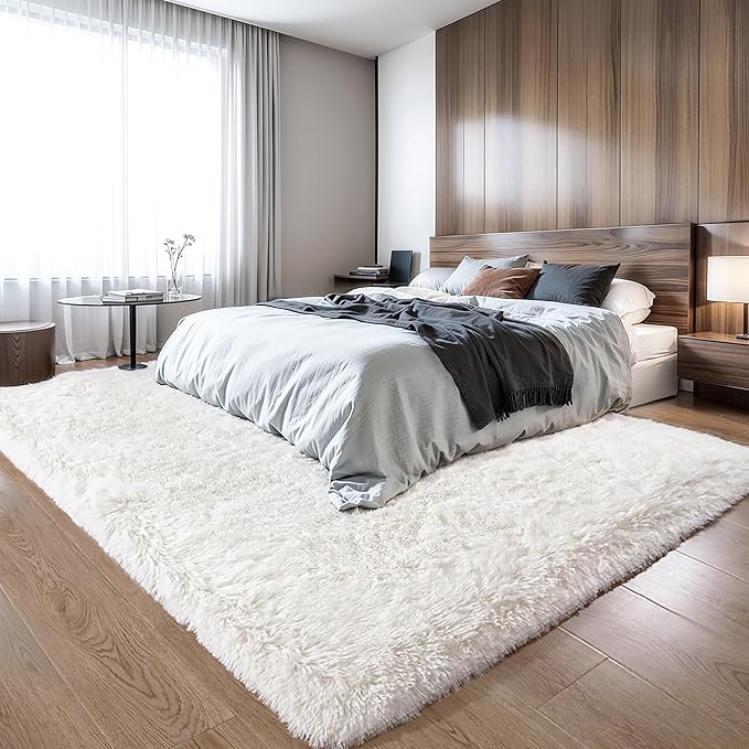 KICHOWUA Thick Area Rug 6x9 Cream White Fluffy Shag for Bedroom Living Room, Soft Plush Washable Thickened Non-Slip Fuzzy Furry Carpet, Modern Shaggy Large Rugs for Kids Nursery Boys Girls Dorm, Ivory