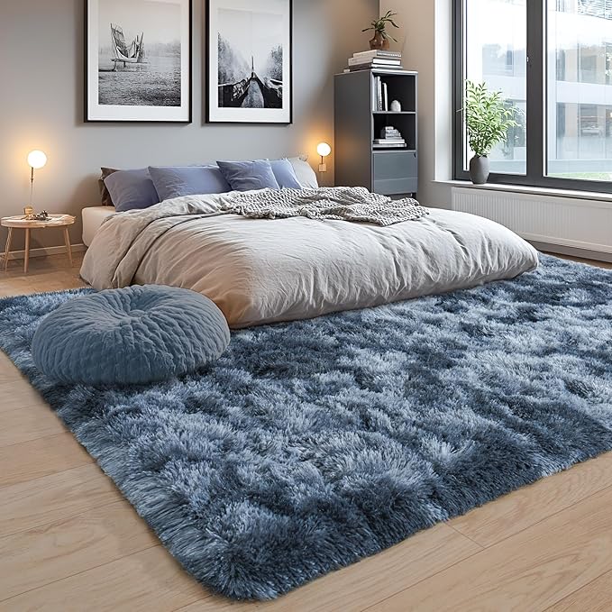 8x10 Area Rugs for Living Room, Ultra Soft Fluffy Large Shaggy Rug Carpet for Bedroom, Non-Slip Fuzzy Plush Rugs for Nursery Boys Girls Kids Room Modern Indoor Home Decor, Tie-Dyed Blue Grey