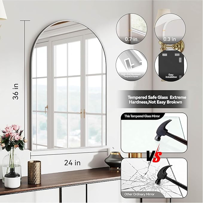 SCWF-GZ 24x36 Arch Mirror Square Full Length Wall Mounted Hanging or Against Wall Metal Aluminum Alloy Frame Dressing Make-up Mirrors for Entryway Bedroom Bathroom Living Room 24 36 inch Silver