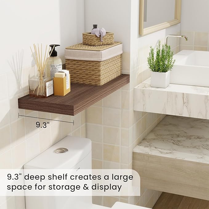 Fun Memories 24 Inch Floating Shelves, 9.3 Inch Deep Rustic Wall Shelves - Extra Deeper Wall Mounted Storage Shelves for Bathroom, Kitchen, Living Room (Walnut, Set of 2)