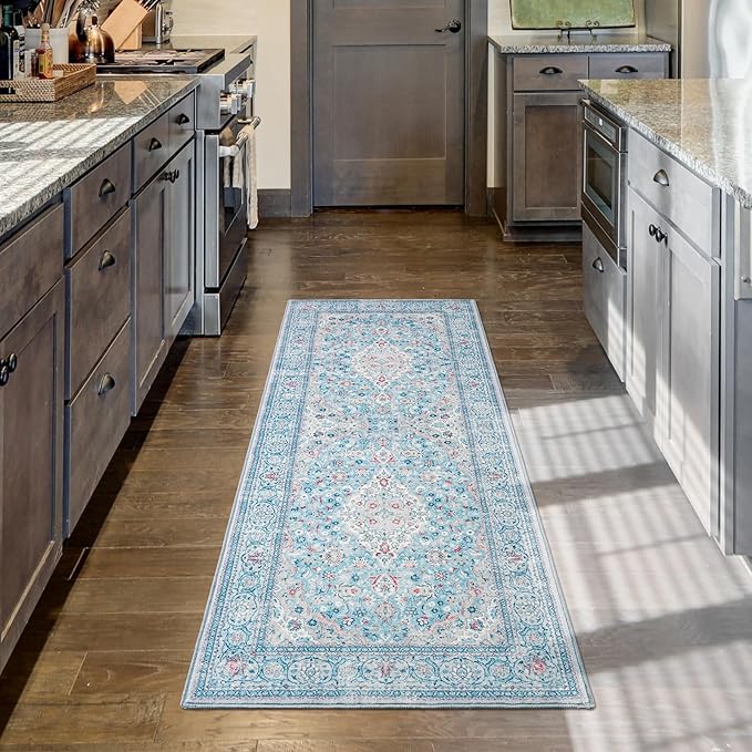 Goideal Washable Runner Rug 2x6, Blue Rugs Non Slip, Indoor Low Pile Carpet with Rubber Backing for Hallway Kitchen Bathroom Entryway Bedroom