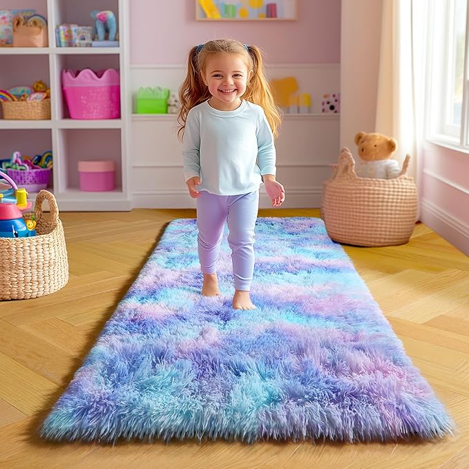 Amdrebio Purple Rainbow 2x6 Runner Area Rugs for Bedroom Girls Room Decor, Colorful Bedside Mermaid Stitch Frozen Kids Rugs for Playroom Nursery Dorm, Fluffy Furry Cute Kawaii Carpet for Baby Toddler