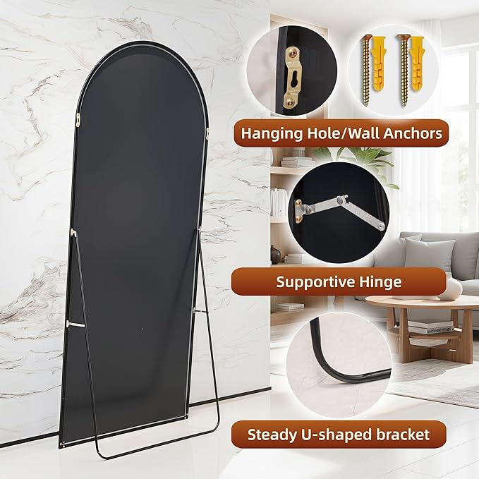 56"x21"Full Length Mirror,Arched Floor Mirrors with Aluminum Alloy Frame,Wall Mountable Tempered Glass Full Body Mirror for Wall Entryway Door Bedroom Bathroom Living Room Black