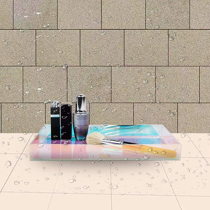 Iridescent Acrylic Tray 10.5" x 5.5", Vanity Tray for Dresser with Non-Slip Base, Small Bathroom Countertop Organizer for Makeup Perfume Jewelry, Cute Aesthetic Gift for Women, Purple