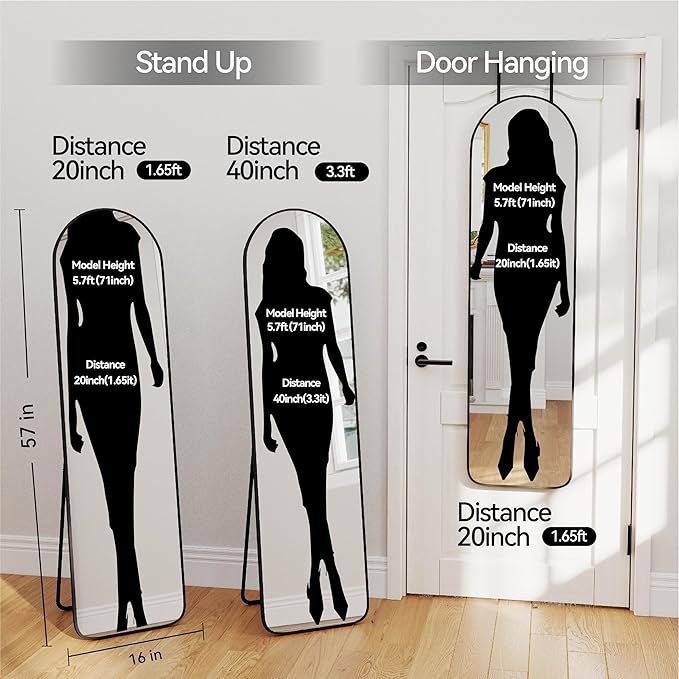 SCWF-GZ 57x16 Door Hanging Full Length Mirror, Floor Stand (Height 5.7ft just Body in1.3ft) / Wall Mounted Metal Frame Arch Dressing Mirrors for Bedroom Living Room 57 inch Black
