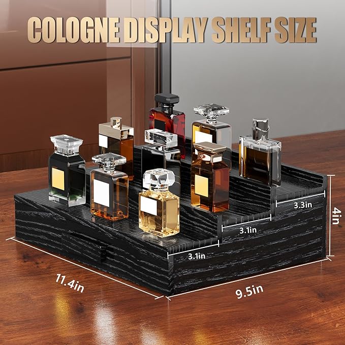 Solid Walnut Cologne Organizer for Men,Cologne Stand,3 Tier Wooden Cologne Holder Shelf Display,Perfume Stand Organizer with Drawer and Hidden Compartment,Gift for Men Dad Husband,Black