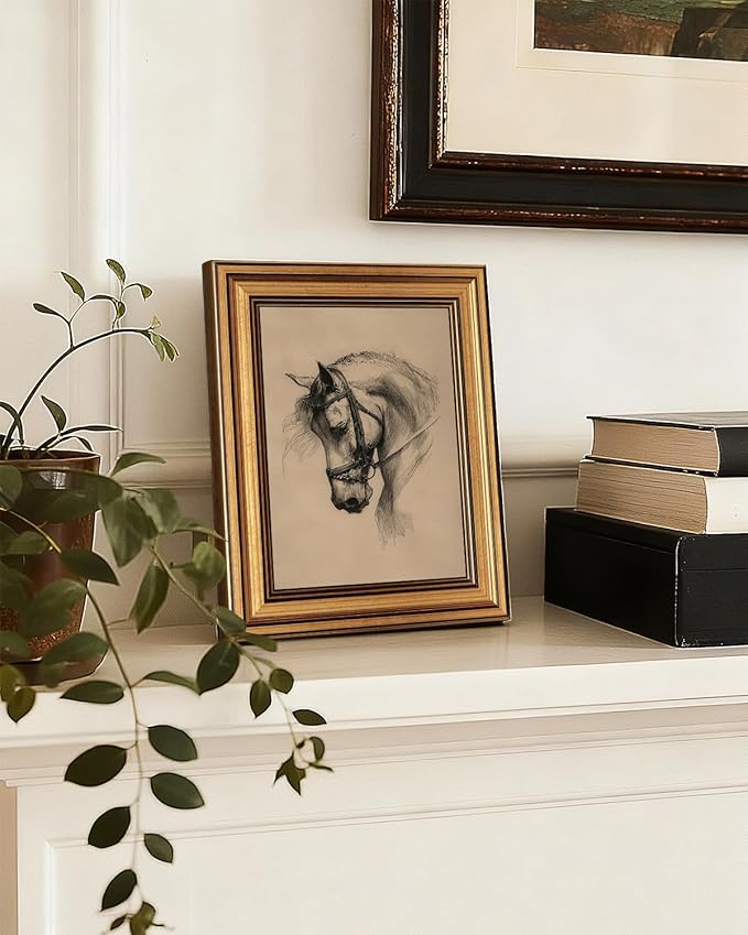 InSimSea Gold Framed Canvas Wall Art, Vintage Wall Decor for Living Room, Sketch Horse Animal Paintings Farmhouse Decor Aesthetic, Small Minimalist Prints for Bedroom Shelf Gift, 8x10inch